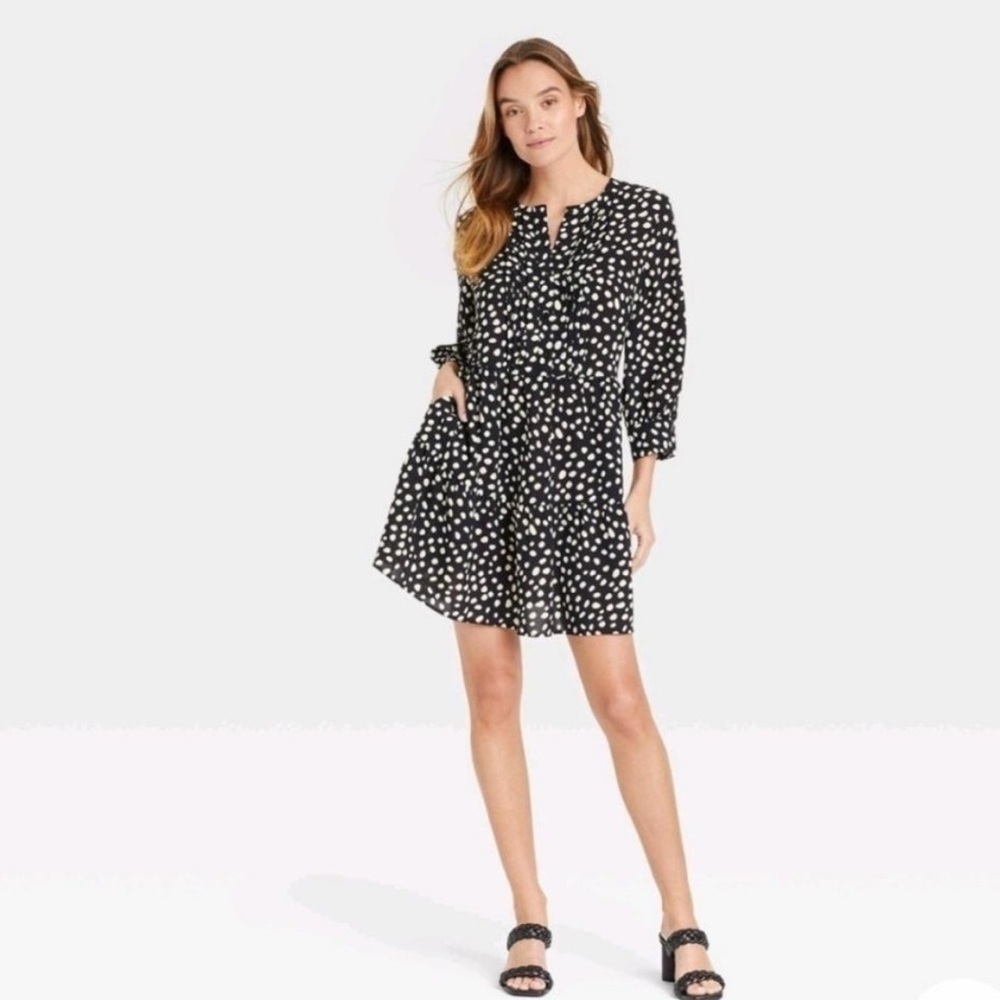 Who What Wear Black and White Pleaded Front Polka Dot Babydoll Dress